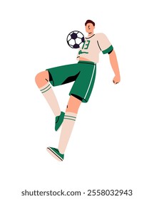 Professional football player training sports tricks. Sportsman catches, hits, bounces ball by his chest. Athlete in uniform plays soccer, game. Flat isolated vector illustration on white background