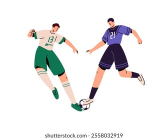 Professional football players kick, hit ball with foot. Sports opponents play in soccer match. Sportsmen in uniform pass, dribbling, goal. Flat isolated vector illustration on white background