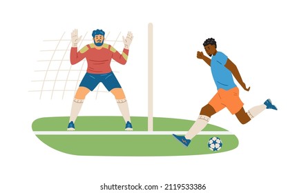 Professional football players in uniform kicking and catching the ball, flat vector illustration isolated on white. Goalkeeper and soccer player characters. Concept of competition.