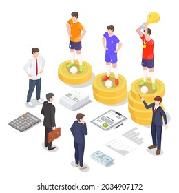 Professional football transfer concept flat vector isometric illustration. Soccer player moving from one sport football club to another signing contract.