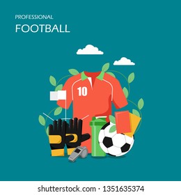 Professional football vector flat style design illustration. Soccer ball, jersey, gloves, red and yellow referee cards, shaker, whistle. Football composition for web banner, website page etc.