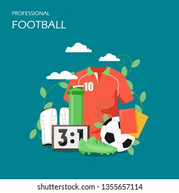 Professional football vector flat style design illustration. Soccer ball, jersey, referee cards, scoreboard, shaker, pair of shin pads, boot. Football composition for web banner, website page etc.