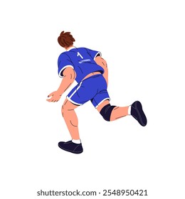 Profesional de fútbol o jugador de voleibol corre vista trasera. Atleta con uniforme deportivo juega al fútbol. Deportista en camiseta y pantalones cortos está en partido, juego. Ilustración vectorial aislada plana en blanco.