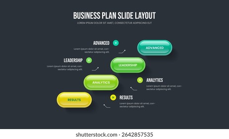 Professional Forecast Four Option Infographic Slideshow Design. Business Introduction 4 Element Diagram Frame Template. Company Strategy Presentation Layout Vector Illustration.
