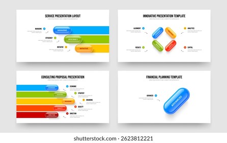 Profissional Forecast Three Four Five One Option Diagram Slideshow Design Vetor Illustration Collection. Conjunto de Modelos de Apresentação Infográfica de 3 4 5 1 Etapa.