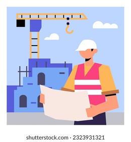 Professional foreman in protective waistcoat and helmet, holding project and checking process. Construction and repair concept. Flat vector illustration in blue and yellow colors