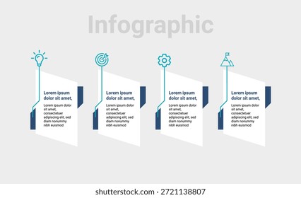 Profesional Infografía de flecha de cuatro pasos con iconos, ideal para presentaciones e informes corporativos.