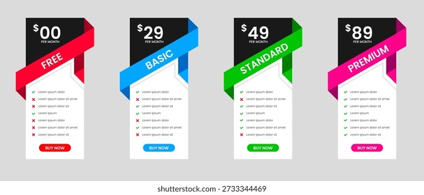 Professional four Tier Subscription website Price table template. business plan price list. product package price. Subscription Package Pricing Comparison. Minimalistic pricing list layout design.