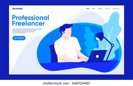 Professional freelancer A man working on the table with laptop and desk lamp landing page design