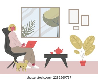 Professional freelancing write content, writers and journalists. Female character freelance worker sitting in room with laptop. Woman working from home with cat, creating content vector