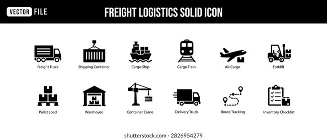 Professional freight and logistics icon set featuring freight trucks, shipping containers, cargo ships, cargo trains, air freight, forklifts, pallet loads, warehouses, container cranes, delivery trucks, route tracking and inventory checklists. Ideal for transportation services, freight companies, warehouse operations, cargo handling, distribution networks and supply chain management.