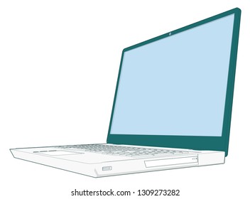 professional front side modern illustration of a Laptop open 115 degree blank empty screen USB DVD Keyboard visible