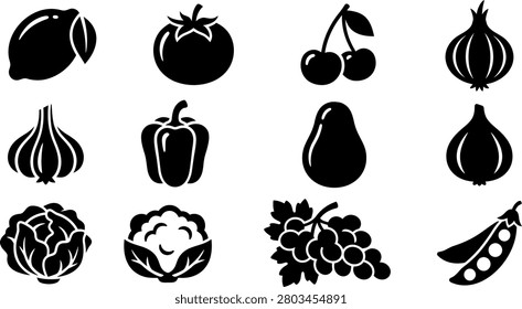 Professional fruit and vegetable vector icon collection featuring healthy food, organic produce, grocery, farming and nutrition symbols for apps, menus and branding.