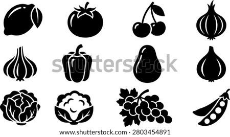Professional fruit and vegetable vector icon collection featuring healthy food, organic produce, grocery, farming and nutrition symbols for apps, menus and branding.