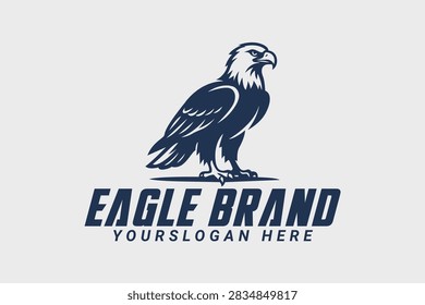 Professional full-body perched eagle mascot logo design featuring sharp details and bold modern typography reading 