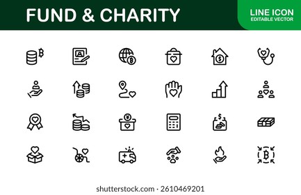 Professional Fund and Charity Icon Set Vector Illustration. Most Useful Icons for Donations, Volunteering, and Social Good