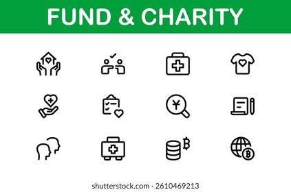 Professional Fund and Charity Icon Set Vector Illustration. Most Useful Icons for Donations, Volunteering, and Social Good