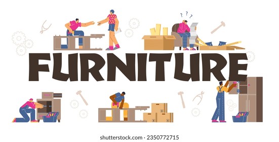 Professional furniture assembly service banner. Wooden furniture typographic header concept. Home furniture construction. Cartoon vector illustration with cartoon male repairman, boxes of pieces