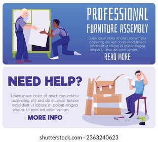 Professional furniture assembly service flyers set. Two workers repairmen assembling dresser, locker. Man confused by assembly instruction, manual. Need help vector cartoon illustration.