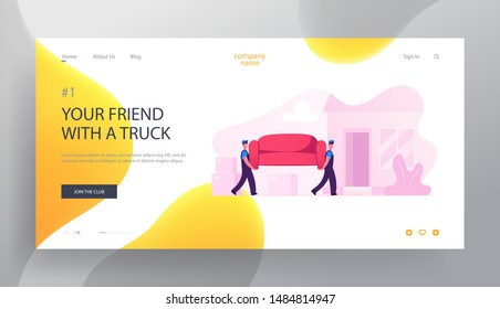 Professional Furniture Delivery Company Loader Service Website Landing Page. Relocation and Moving into New House Concept. Deliverymen Carrying Couch Web Page Banner. Cartoon Flat Vector Illustration