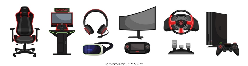 Professional game equipment accessory set. Headset with mic, gaming chair, television, computer monitor, console controller, steering wheel, joystick, virtual reality glasses, system unit, pedal kit.