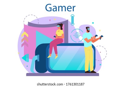 Professional gamer concept. Person play on the computer video game. E-sports team, pro gaming. Virtual championship. Vector illustration in cartoon style