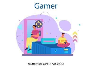 Professional gamer concept. Person play on the computer video game. E-sports team, pro gaming. Virtual championship. Vector illustration in cartoon style