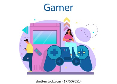 Professional gamer concept. Person play on the computer video game. E-sports team, pro gaming. Virtual championship. Vector illustration in cartoon style