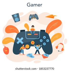 Professional gamer concept. Person play on the computer video game. E-sports team, pro gaming. Virtual championship. Vector illustration in cartoon style