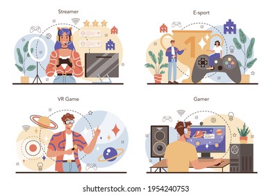 Professional gamer concept set. Person play on the computer video game