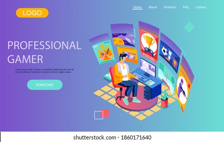 Professional gamer landing page template with a man watching the e-sport live streaming online game. Male player sitting at a table playing a shooter on the computer. Entertainment cybersports match