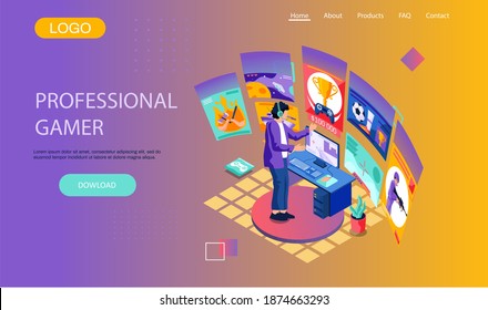 Professional gamer landing page template with a man watching the e-sport live streaming online game. Male player standing at a table playing a shooter on the computer. Entertainment cybersports match