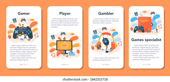 Professional gamer mobile application banner set. Person play on the computer video game. E-sports team, pro gaming. Virtual championship. Vector illustration in cartoon style