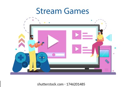 Professional gamer online service or platform. Person play on the computer video game. Online streaming video. Vector illustration in cartoon style