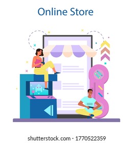 Professional gamer online service or platform. Person play on the computer video game. Online store. Vector illustration in cartoon style