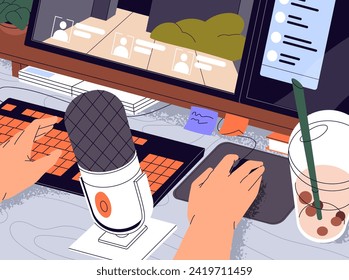 Professional gamer records videogame process. Person plays computer game with keyboard. Character streaming using microphone, communicates in online chat. Hands on work table. Flat vector illustration