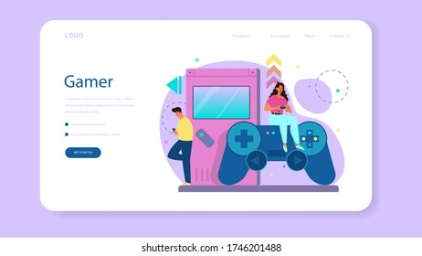 Professional gamer web banner or landing page. Person play on the computer video game. E-sports team, pro gaming. Virtual championship. Vector illustration in cartoon style