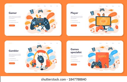 Professional gamer web banner or landing page set. Person play on the computer video game. E-sports team, pro gaming. Virtual championship. Vector illustration in cartoon style