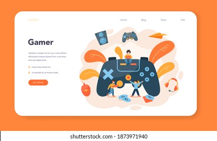 Professional gamer web banner or landing page. Person play on the computer video game. E-sports team, pro gaming. Virtual championship. Vector illustration in cartoon style