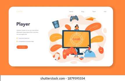 Professional gamer web banner or landing page. Person play on the computer video game. E-sports team, pro gaming. Virtual championship. Vector illustration in cartoon style