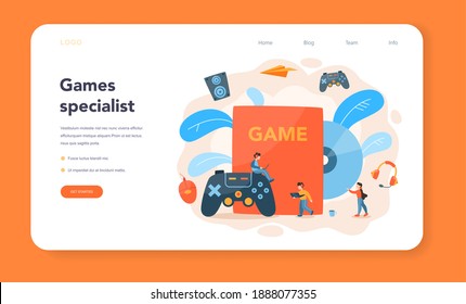 Professional gamer web banner or landing page. Person play on the computer video game. E-sports team, pro gaming. Virtual championship. Vector illustration in cartoon style