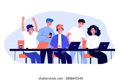 Professional gamers in headsets playing online games. Support group, championship, tournament flat vector illustration. Cybersport, esport concept for banner, website design or landing web page