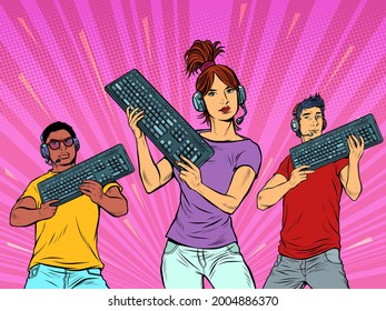 professional gamers with a keyboard. Computer games industry. girl in the foreground