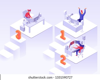 Professional gamers with modern computers competing in online virtual match isometric vector illustration. Cyber sport game concept