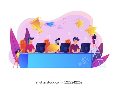 Professional gamers at table taking part in e-sport competition and trophy. E-sports tournament, game official event, e-sports championship concept. Bright vibrant violet vector isolated illustration