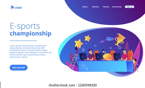 Professional gamers at table taking part in e-sport competition and trophy. E-sports tournament, game official event, e-sports championship concept. Website vibrant violet landing web page template.