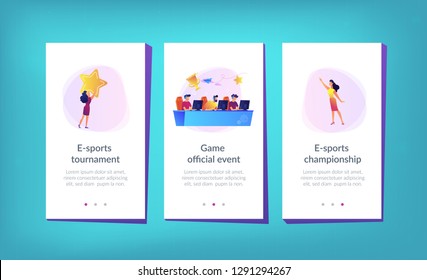 Professional gamers at table taking part in e-sport competition and trophy. E-sports tournament, game official event, e-sports championship concept. Mobile UI UX GUI template, app interface wireframe