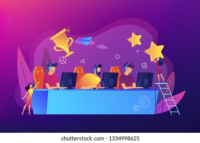 Professional gamers at table taking part in e-sport competition and trophy. E-sports tournament, game official event, e-sports championship concept. Bright vibrant violet vector isolated illustration