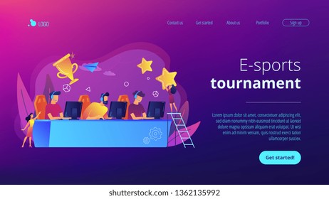 Professional gamers at table taking part in e-sport competition and trophy. E-sports tournament, game official event, e-sports championship concept. Website vibrant violet landing web page template.