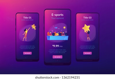 Professional gamers at table taking part in e-sport competition and trophy. E-sports tournament, game official event, e-sports championship concept. Mobile UI UX GUI template, app interface wireframe